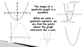 The shape of a
quadratic graph is a
parabola.
When we solve a
quadratic equation, we
are find the points
where the graph
intersects the x axis.
 