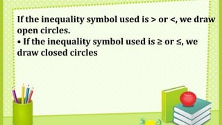 5
If the inequality symbol used is > or <, we draw
open circles.
• If the inequality symbol used is ≥ or ≤, we
draw closed circles
.
 