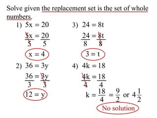 1) 2) 3) 4) Solve given the replacement set is the set of whole numbers. No solution 