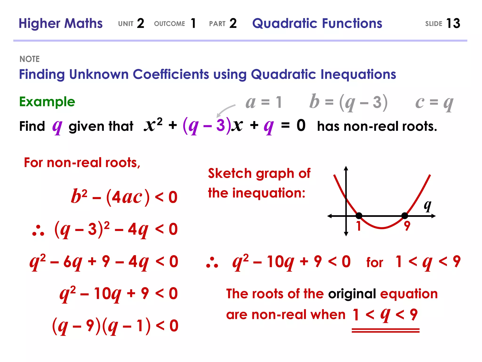 Finding Unknown Coefficients using Quadratic Inequations NOTE SLIDE Higher Maths  2  1  2  Quadratic Functions UNIT OUTCOME PART Example Find  q   given that  x   2   +  ( q  – 3 )   x   +  q   =   0   has non-real roots. a  = 1 b  =  ( q  – 3 )   c  =  q b 2   –   ( 4   ac   )  < 0 For non-real roots, ( q  – 3 )   2   –   4   q   < 0 q 2  – 6 q  + 9   –   4   q   < 0 q 2  – 10 q  + 9   < 0 ( q  – 9 )   ( q  – 1 )  < 0 Sketch graph of the inequation: q 1 9 q 2  – 10 q  + 9   < 0 for  1 <  q   < 9 The roots of the  original  equation are non-real when 1 <  < 9 q 