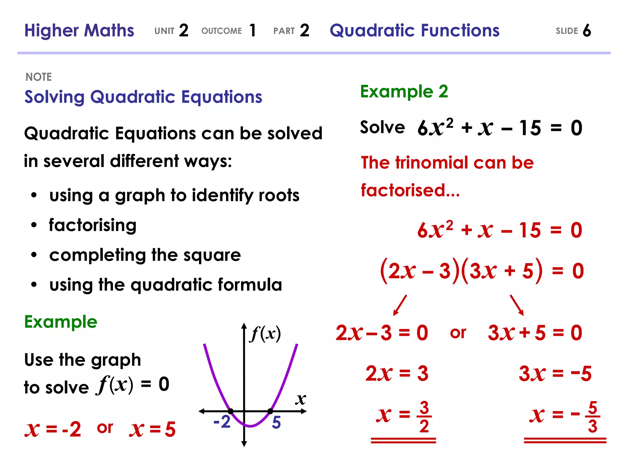 Quadratic Equations can be solved in several different ways: •  using a graph to identify roots •  factorising •  completing the square •  using the quadratic formula SLIDE Higher Maths  2  1  2  Quadratic Functions UNIT OUTCOME PART Solving Quadratic Equations NOTE Example f   (   x   )   =   0 Use the graph to solve x x   =   -2 - 2 5 x   =   5 or Example 2 Solve 6   x   2   +  x   – 15  =   0 6   x   2   +  x   – 15  =   0 ( 2   x   – 3 )( 3   x   + 5 )   =   0 The trinomial can be factorised... or 2   x   –   3 = 0 3   x   +   5 = 0 2   x  = 3 3   x  =  - 5 x  = 3 2 x  =  - 5 3 ( f ) x 