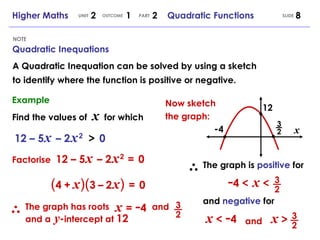 Quadratic Inequations NOTE SLIDE Higher Maths  2  1  2  Quadratic Functions UNIT OUTCOME PART A Quadratic Inequation can be solved by using a sketch to identify where the function is positive or negative. Example Find the values of  x   for which 12 – 5   x   – 2   x   2   >   0 Factorise  12 – 5   x   – 2   x   2   =   0 ( 4   +   x )( 3   –   2   x )   =   0 The graph has roots x  =  - 4 and and a   y - intercept at  12 x - 4 3 2 Now sketch the graph: The graph is  positive  for - 4 <  x  < and  negative  for x  <  - 4  3 2 x  > and 3 2 3 2 12 