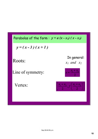 18
Sep 26­04:59 p.m.
y = a (x ­ x1) ( x ­ x2)Parabolas of the form :
y = ( x ­ 3 ) ( x + 1 )
Roots:
Line of symmetry:
Vertex:
In general:
x1  and   x2
 