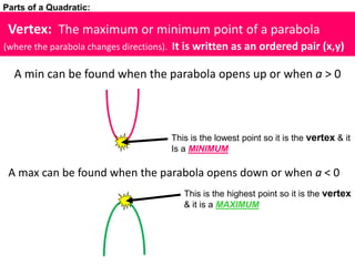 Vertex: The maximum or minimum point of a parabola
(where the parabola changes directions). It is written as an ordered pair (x,y)
A min can be found when the parabola opens up or when a > 0
A max can be found when the parabola opens down or when a < 0
This is the lowest point so it is the vertex & it
Is a MINIMUM
This is the highest point so it is the vertex
& it is a MAXIMUM
Parts of a Quadratic:
 