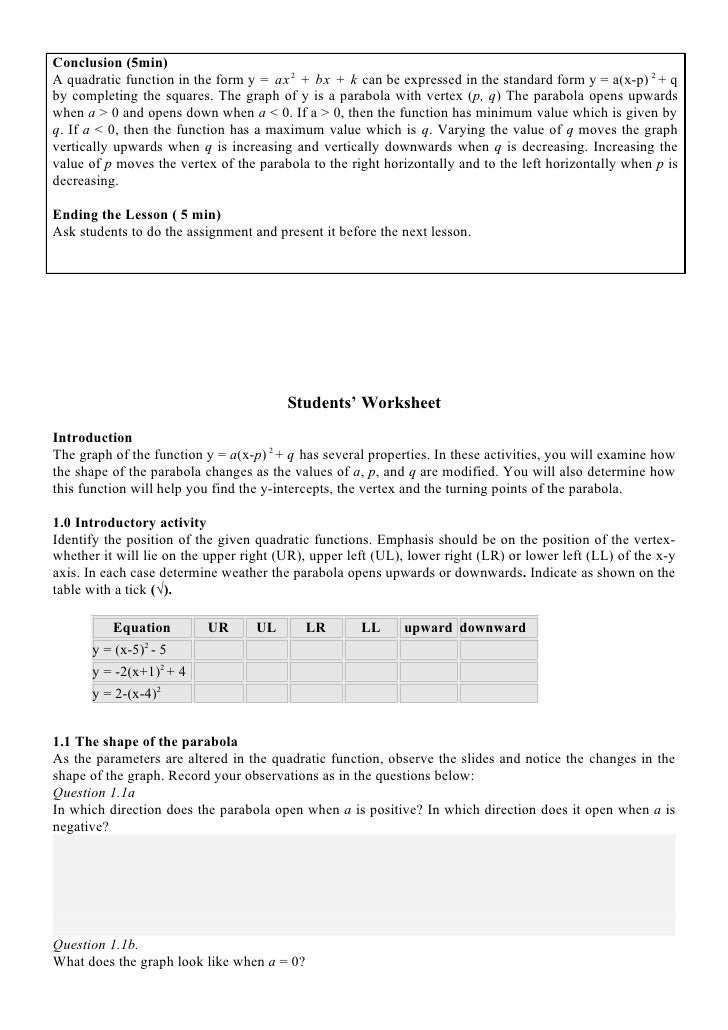 Quadratics In Vertex Form
