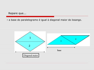 Repare que...
∗ a base do paralelogramo é igual à diagonal maior do losango.
Diagonal maior
1
2
base
 