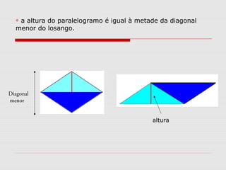 ∗ a altura do paralelogramo é igual à metade da diagonal
menor do losango.
Diagonal
menor
altura
 