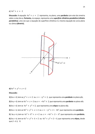 14
c) 4𝑥2
+ 𝑧 = 2
Discussão: A equação 4𝑥2
+ 𝑧 = 2 representa, no plano, uma parábola com eixo de simetria
sobre o eixo dos z. Portanto, no espaço, representa uma superfície cilíndrica parabólica (cilindro
parabólico), uma vez que a equação da superfície cilíndrica é a mesma equação da curva plana
ou cônica (diretriz).
d) 4𝑥2
+ 𝑦2
+ 𝑧 = 2
Discussão:
1) Se x = 0, tem-se 𝑦2
+ 𝑧 = 2 ou 𝑧 = −𝑦2
+ 2, que representa uma parábola no plano y0z.
2) Se y = 0, tem-se 4𝑥2
+ 𝑧 = 2 ou 𝑧 = −4𝑥2
+ 2, que representa uma parábola no plano x0z.
3) Se z = 0, tem-se 4𝑥2
+ 𝑦2
= 2, que representa uma elipse no plano x0y.
4) Se x = k, tem-se 4𝑘2
+ 𝑦2
+ 𝑧 = 2 ou 𝑧 = −𝑦2
+ 2 − 4𝑘2
, que representa uma parábola.
5) Se y = k, tem-se 4𝑥2
+ 𝑘2
+ 𝑧 = 2 ou 𝑧 = −4𝑥2
+ 2 − 𝑘2
, que representa uma parábola.
6) Se z = k, tem-se 4𝑥2
+ 𝑦2
+ 𝑘 = 2 ou 4𝑥2
+ 𝑦2
= 2 − 𝑘, que representa uma elipse, desde
que 2 – k ≥ 0.
 