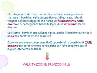- La diagnosi di Autismo non ci dice molto su come possiamo
trattare il bambino; nella stessa diagnosi di autismo, infatti,
vengono collocati soggetti che hanno un funzionamento molto
diverso e di conseguenza hanno bisogno di un intervento molto
diverso.
Così come i bambini con sviluppo tipico…anche il bambino autistico è
unico con caratteristiche proprie!!!
Occorre avere una conoscenza il più approfondita possibile di QUEL
bambino per poter entrare in relazione con lui e proporre così il
miglior intervento possibile.

VALUTAZIONE FUNZIONALE

 