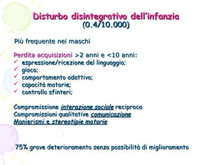 Disturbo disintegrativo dell’infanzia
(0.4/10.000)

Più frequente nei maschi
Perdita acquisizioni >2 anni e <10 anni:
 espressione/ricezione del linguaggio;
 gioco;
 comportamento adattivo;
 capacità motorie;
 controllo sfinteri;
Compromissione interazione sociale reciproca
Compromissioni qualitative comunicazione
Manierismi e stereotipie motorie

75% grave deterioramento senza possibilità di miglioramento

 