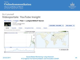 Do it yourself
Videoportale: YouTube Insight




                       Social Media Monitoring ǀ Jörg Hoewner
25.02.2011 ...