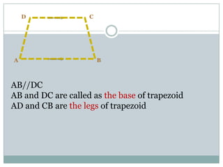 D C
A B
AB//DC
AB and DC are called as the base of trapezoid
AD and CB are the legs of trapezoid
 