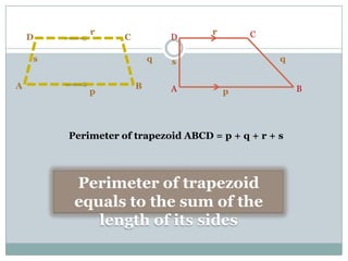 D C
A B
s
r
q
p
CD
BA
s
r
q
p
Perimeter of trapezoid ABCD = p + q + r + s
Perimeter of trapezoid
equals to the sum of the
length of its sides
 