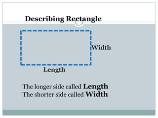 Length
Width
Describing Rectangle
The longer side called Length
The shorter side called Width
 