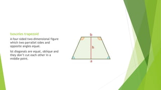 Isosceles trapezoid
A four-sided two-dimensional figure
which two parrallel sides and
opposite angles equal.
Ist diagonals are equal, oblique and
they don’t cut each other in a
middle point.
 