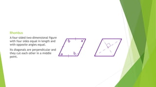 Rhombus
A four-sided two-dimensional figure
with four sides equal in length and
with opposite angles equal.
Its diagonals are perpendicular and
they cut each other in a middle
point.
 