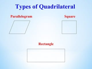 Types of Quadrilateral
Parallelogram Square
Rectangle
 