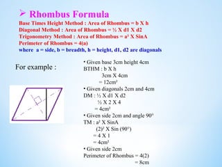  Rhombus Formula
Base Times Height Method : Area of Rhombus = b X h
Diagonal Method : Area of Rhombus = ½ X d1 X d2
Trigonometry Method : Area of Rhombus = a² X SinA
Perimeter of Rhombus = 4(a)
where a = side, b = breadth, h = height, d1, d2 are diagonals
For example :
• Given base 3cm height 4cm
BTHM : b X h
3cm X 4cm
= 12cm²
• Given diagonals 2cm and 4cm
DM : ½ X d1 X d2
½ X 2 X 4
= 4cm²
• Given side 2cm and angle 90°
TM : a² X SinA
(2)² X Sin (90°)
= 4 X 1
= 4cm²
• Given side 2cm
Perimeter of Rhombus = 4(2)
= 8cm
 