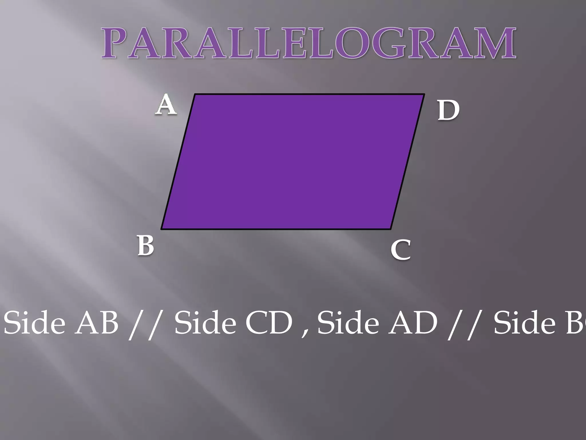 B 
D 
C 
Side AB // Side CD , Side AD // Side BC 
 