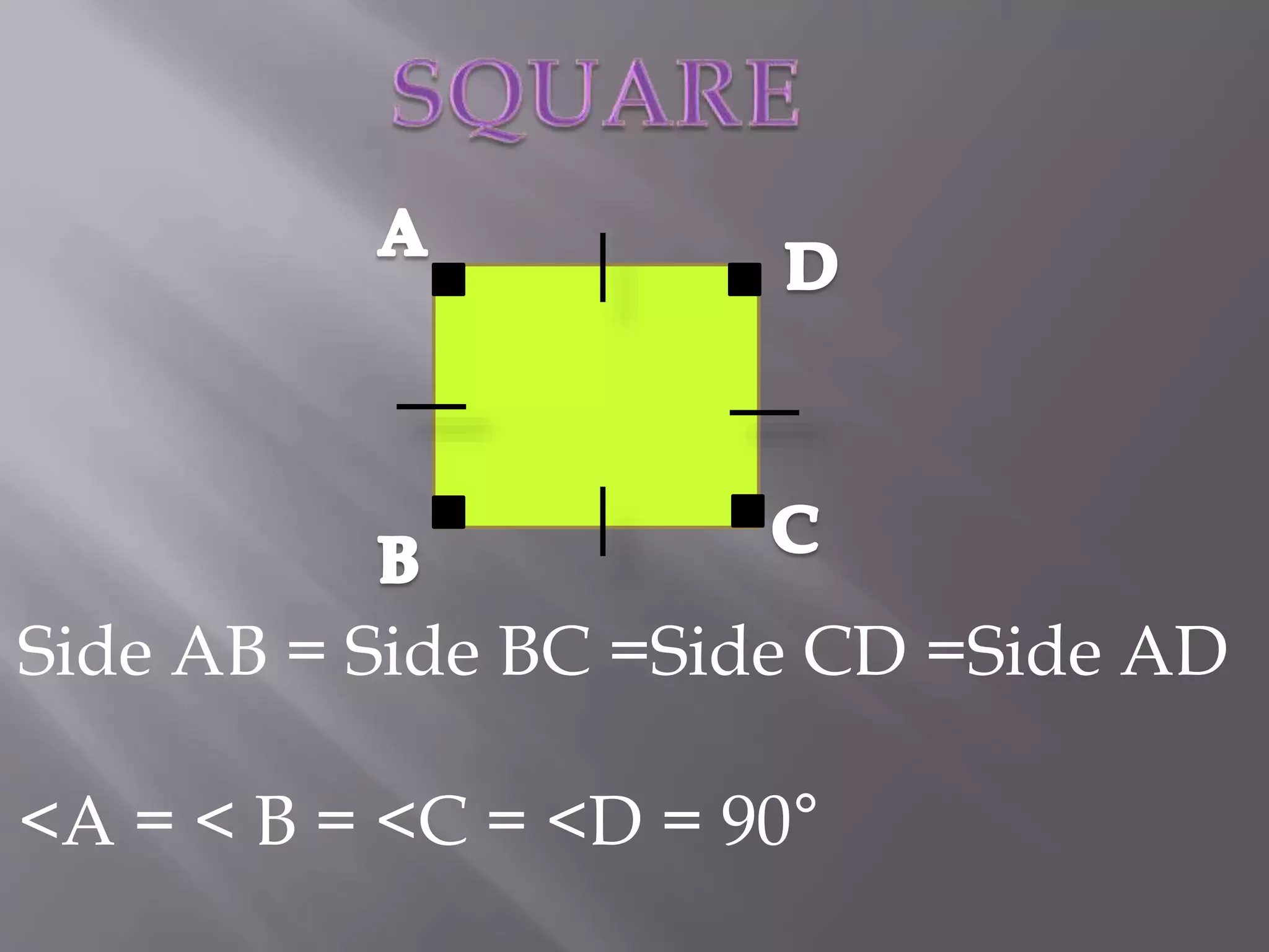 Side AB = Side BC =Side CD =Side AD 
<A = < B = <C = <D = 90° 
 