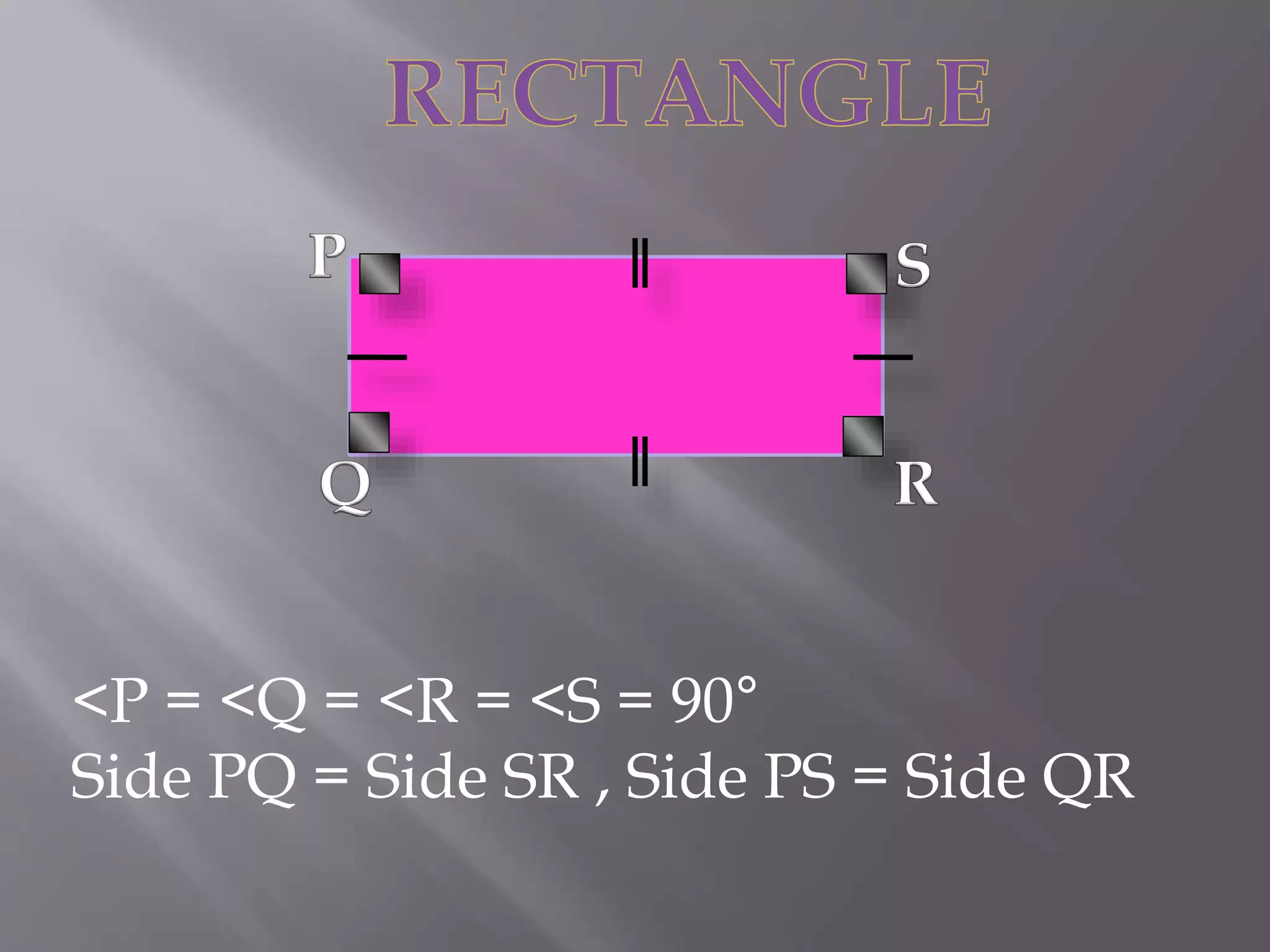 <P = <Q = <R = <S = 90° 
Side PQ = Side SR , Side PS = Side QR 
 