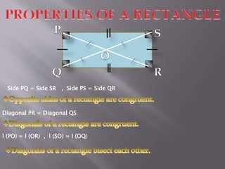 Side PQ = Side SR , Side PS = Side QR 
Diagonal PR = Diagonal QS 
l (PO) = l (OR) , l (SO) = l (OQ) 
 