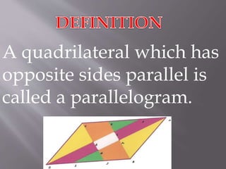A quadrilateral which has 
opposite sides parallel is 
called a parallelogram. 
 