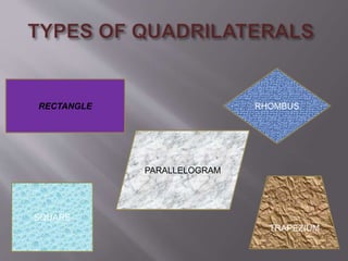 RECTANGLE 
TRAPEZIUM 
PARALLELOGRAM 
SQUARE 
RHOMBUS 
 