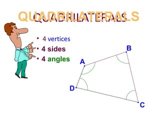 4  vertices QUADRILATERALS 4 sides 4  angles QUADRILATERALS A . B . C . D . 