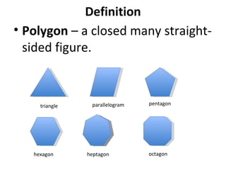 Definition Polygon  – a closed many straight-sided figure. triangle parallelogram octagon heptagon hexagon pentagon 