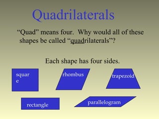 [object Object],[object Object],square parallelogram rhombus rectangle Quadrilaterals trapezoid 