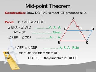 Mid-point Theorem
Construction: Draw DC || AB to meet EF produced at D.
A
Proof:

In ∆ AEF & ∆ CDF

EFA =  CFD .................V. A. A.
………………..Given

AF = CF
AEF = CDF

E

∆ AEF ≅ ∆ CDF

And

D

…............A. I. A.
B

So,

F

………..…..A. S. A. Rule

EF = DF and BE = AE = DC

DC || BE , the quadrilateral BCDE

C

 