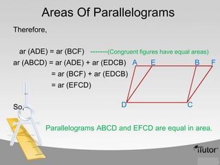 Areas Of Parallelograms
Therefore,
ar (ADE) = ar (BCF) -------(Congruent figures have equal areas)
ar (ABCD) = ar (ADE) + ar (EDCB) A

E

B

F

= ar (BCF) + ar (EDCB)
= ar (EFCD)
So,

D

C

Parallelograms ABCD and EFCD are equal in area.

 