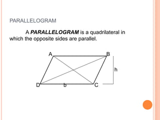 PARALLELOGRAM
A PARALLELOGRAM is a quadrilateral in
which the opposite sides are parallel.
A B
h
D b C
 