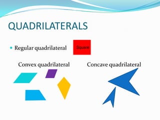 QUADRILATERALS
 Regular quadrilateral

Convex quadrilateral

Square

Concave quadrilateral

 
