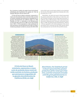 35Entendendo a Mineração no Quadrilátero Ferrífero
Understanding Mining around the Quadrilatero Ferrifero
fica, econômica e política da região Centro-Sul do Brasil,
simbolizado pela transferência da capital, em 1763, de
Salvador (BA) para o Rio de Janeiro (RJ).
O Ciclo do Ouro no Brasil, entretanto, representou o
maior surto de produção desse metal até então ocorrido
na história, produção que permaneceu inigualada até os
grandes descobrimentos da Califórnia (EUA), em 1848;
Austrália, em 1851; e, sobretudo, os do Witwatersrand,
no Transvaal, África do Sul, em 1886. O ouro aqui extraído
entre 1700 e 1770 foi equivalente a toda a produção do
resto da América, do descobrimento até 1850, ou ainda à
metade da produção mundial nos séculos XVI, XVII e XVIII.
mony of the south-central region of Brazil, and symbolized
the transfer of the federal capital from Salvador, BA, to Rio
de Janeiro, RJ, in 1763.
Nevertheless, the gold rush period in Brazil represented
the greatest production of this metal up to that time, and
that remained unrivaled until the great gold discoveries in
California, USA, in 1848; Australia, in 1851; and moreover the
discoveries in Witwatersrand, Transvaal, northeastern South
Africa,in1886.ThegoldextractedinBrazilbetween1700and
1770 was equivalent to the whole production of the rest of
the America, from is discovery up until 1850, and yet, half of
the world production over the XVI, XVII and XVIII centuries.
Sabarabuçu
A lenda da existência de uma
montanha de prata – a Serra de
Sabarabuçu (“a grande pedra
que brilha”, em dialeto indíge-
na) - em Minas Gerais, no século
XVII, fez com que o rei de Portu-
gal, Dom Afonso VI, ordenasse
ao bandeirante paulista Fernão
Dias e seu genro, Borba Gato, a
realização de várias expedições
em busca do eldorado mineiro.
E o trabalho não foi em vão.
Em 1677, eles não encontraram
jazidas de prata. E sim de ouro,
em abundância. Por seu relevo
e altitude parecidos com a des-
crição de Sabarabuçu, alguns historiadores atribuem a Serra da
Piedade como sendo essa lendária montanha.
Fonte: PUC MINAS/Cadernos de História (2005)
Sabarabuçu
The silver mountain leg-
end – the mountain named
‘Sabarabuçu’ (‘the great
shining rock’, in Indian dialect)
in the state of Minas Gerais,
XVII Century made the king of
Portugal, Dom Afonso VI, to
order the explorer Fernao Dias,
from Sao Paulo and his son-in-
law, Borba Gato, to go on many
expeditions seeking the El Do-
rado of Minas Gerais. And that
enterprise was fruitful. In 1677,
they found silver beds, and also
a plenty of gold! Because its
land topography and altitude
that resemble the Sabarabuçu shape, some historians think the
hill named “Serra da Piedade’ as being the legendary mountain.
Source: PUC-MG/Cadernos de História (2005)
Nevertheless, the Gold Rush period
in Brazil represented the greatest
production of this metal up to that
time, and that remained unrivaled
until the great gold discoveries in
California, USA, in 1848
O Ciclo do Ouro no Brasil,
entretanto, representou o maior
surto de produção desse metal até
então ocorrido na história, produção
que permaneceu inigualada até
os grandes descobrimentos da
Califórnia (EUA), em 1848
35Entendendo a Mineração no Quadrilátero Ferrífero
Understanding Mining around the Quadrilatero Ferrifero
 