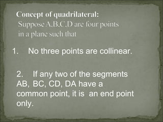 1. No three points are collinear. 
2. If any two of the segments 
AB, BC, CD, DA have a 
common point, it is an end point 
only. 
 