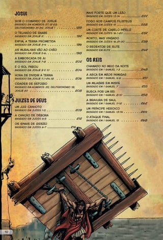 JOSUÉ                                                         Mais forte que um leão
                                                                   Baseado em Juízes 13-14 ................. 222

     Sob o comando de Josué                                        Fogo nos campos filisteus
     Baseado em Números 27.12-23;                                  Baseado em Juízes 15 .....................228
     Deuteronômio 31-34; Josué 1 . . . . . . . . . 189
                                                                   Um corte de cabelo infeliz
     O telhado de Raabe                                            Baseado em Juízes 16.1-20 ............... 232
     Baseado em Josué 2 . . . . . . . . . . . . . . . 192
                                                                   Morto, mas vingado
     Enfim, a Terra Prometida                                      Baseado em Juízes 16.21-30 ............. 239
     Baseado em Josué 3-4 . . . . . . . . . . . . . 196
                                                                   O redentor de Rute
     As muralhas vão ao chão                                       Baseado em Rute .......................... 242
     Baseado em Josué 5-6. . . . . . . . . . . . . . 198

     A emboscada de Ai
     Baseado em Josué 7-8       . . . . . . . . . . . . 202        OS REIS
     E o sol parou                                                 Chamado no meio da noite
     Baseado em Josué 9 e 10        . . . . . . . . . . 204        Baseado em 1 Samuel 1-3 .................248

     Hora de dividir a terra                                       A Arca em mãos inimigas
     Baseado em Josué 11.1-24.18        . . . . . . . . 206        Baseado em 1 Samuel 4-6 ................. 251

     Cidades de refúgio                                            Um milagre em Mispá
     Baseado em Números 35; Deuteronômio 19;                       Baseado em 1 Samuel 7 ................... 255
     Josué 20    . . . . . . . . . . . . . . . . . . . . 208       Busca por um rei
                                                                   Baseado em 1 Samuel 8-10 ............... 258

     JUÍZES DE DEUS                                                A bravura de Saul
                                                                   Baseado em 1 Samuel 11-12   . . . . . . . .262
     Um juiz canhoto
                                                                   Um príncipe heroico
     Baseado em Juízes 1-3 . . . . . . . . . . . . . . . 209
                                                                   Baseado em 1 Samuel 13-14 . . . . . . . .264
     A canção de Débora
                                                                   O ataque final
     Baseado em Juízes 4-5       . . . . . . . . . . . . . . 212
                                                                   Baseado em 1 Samuel 15    . . . . . . . . 268
     Os sinais de Gideão
     Baseado em Juízes 6-7 .................... 216




10
 