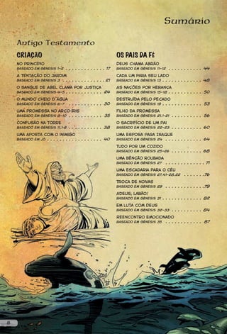 Sumário

    Antigo Testamento
    CRIAÇÃO                                                 OS PAIS DA FÉ
    No princípio                                            Deus chama Abrão
    Baseado em Gênesis 1—2 . . . . . . . . . . . . . 17     Baseado em Gênesis 11—12    . . . . . . . . . . . 44
    A tentação do Jardim                                    Cada um para seu lado
    Baseado em Gênesis 3 . . . . . . . . . . . . . . 21     Baseado em Gênesis 13 . . . . . . . . . . . . . 48

    O sangue de Abel clama por justiça                      As nações por herança
    Baseado em Gênesis 4—5 . . . . . . . . . . . . 24       Baseado em Gênesis 15—18 . . . . . . . . . . . 50

    O mundo cheio d`água                                    Destruída pelo pecado
    Baseado em Gênesis 6—7       . . . . . . . . . . . 30   Baseado em Gênesis 19 . . . . . . . . . . . . . 53

    Uma promessa no arco-íris                               Filho da promessa
    Baseado em Gênesis 8—10 . . . . . . . . . . . 35        Baseado em Gênesis 21.1–21 . . . . . . . . . . 56

    Confusão na torre                                       O sacrifício de um pai
    Baseado em Gênesis 11.1-9 . . . . . . . . . . . 38      Baseado em Gênesis 22—23 . . . . . . . . . . 60

    Uma aposta com o inimigo                                Uma esposa para Isaque
    Baseado em jó . . . . . . . . . . . . . . . . . . 40                        . . . . . . . . . . . . 64
                                                            Baseado em Gênesis 24

                                                            Tudo por um cozido
                                                            Baseado em Gênesis 25—26 . . . . . . . . . . 68

                                                            Uma bênção roubada
                                                            Baseado em Gênesis 27      . . . . . . . . . . . . . 71

                                                            Uma escadaria para o Céu
                                                            Baseado em Gênesis 27.41–28.22        . . . . . . .76

                                                            Troca de noivas
                                                            Baseado em Gênesis 29      . . . . . . . . . . . . .79

                                                            Adeus, Labão!
                                                            Baseado em Gênesis 31 . . . . . . . . . . . . . 82

                                                            Em luta com Deus
                                                            Baseado em Gênesis 32—33 . . . . . . . . . . 84

                                                            Reencontro emocionado
                                                            Baseado em Gênesis 35 . . . . . . . . . . . . 87




8
 