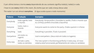 E por ultimo temos o termo every dependendo de seu contexto significa todo(s), toda(s) e cada.
I have to see every child in this room. (Eu tenho que ver cada criança dessa sala)
The water run out almost everytime. (A água acaba quase a todo momento)
 