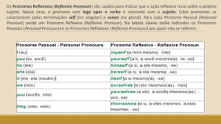 Os Pronomes Reflexivos (Reflexive Pronouns) são usados para indicar que a ação reflexiva recai sobre o próprio
sujeito. Nesse caso, o pronome vem logo após o verbo e concorda com o sujeito. Estes pronomes se
caracterizam pelas terminações self (no singular) e selves (no plural). Para cada Pronome Pessoal (Personal
Pronoun) existe um Pronome Reflexivo (Reflexive Pronoun). Na tabela abaixo estão indicados os Pronomes
Pessoais (Personal Pronouns) e os Pronomes Reflexivos (Reflexive Pronouns) aos quais eles se referem.
 
