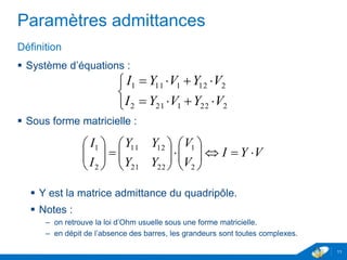 www.geii.eu 11
Paramètres admittances
Définition
 Système d’équations :
 Sous forme matricielle :
 Y est la matrice admittance du quadripôle.
 Notes :
– on retrouve la loi d’Ohm usuelle sous une forme matricielle.
– en dépit de l’absence des barres, les grandeurs sont toutes complexes.
11
VYI
V
V
YY
YY
I
I


















2
1
2221
1211
2
1





2221212
2121111
VYVYI
VYVYI
 