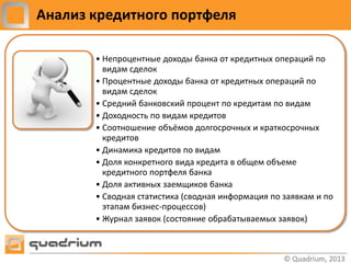 Анализ кредитного портфеля

       • Непроцентные доходы банка от кредитных операций по
         видам сделок
       • Процентные доходы банка от кредитных операций по
         видам сделок
       • Средний банковский процент по кредитам по видам
       • Доходность по видам кредитов
       • Соотношение объёмов долгосрочных и краткосрочных
         кредитов
       • Динамика кредитов по видам
       • Доля конкретного вида кредита в общем объеме
         кредитного портфеля банка
       • Доля активных заемщиков банка
       • Сводная статистика (сводная информация по заявкам и по
         этапам бизнес-процессов)
       • Журнал заявок (состояние обрабатываемых заявок)
 