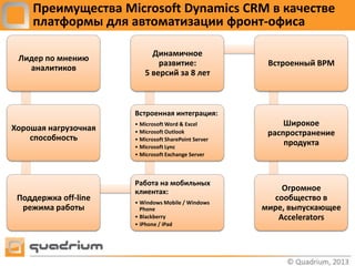 Преимущества Microsoft Dynamics CRM в качестве
    платформы для автоматизации фронт-офиса

                           Динамичное
 Лидер по мнению
                             развитие:                 Встроенный BPM
   аналитиков
                         5 версий за 8 лет



                      Встроенная интеграция:
                      • Microsoft Word & Excel             Широкое
Хорошая нагрузочная   • Microsoft Outlook              распространение
    способность       • Microsoft SharePoint Server
                      • Microsoft Lync
                                                           продукта
                      • Microsoft Exchange Server



                      Работа на мобильных
                      клиентах:                           Огромное
 Поддержка off-line   • Windows Mobile / Windows
                                                        сообщество в
  режима работы         Phone                         мире, выпускающее
                      • Blackberry                       Accelerators
                      • iPhone / iPad
 