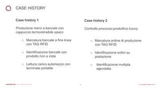 11
CASE HISTORY
Case history 1
Produzione merci a bancale con
cappuccio termoretraibile opaco
o Marcatura bancale a fine linea
con TAG RFID
o Identificazione bancale con
prodotto non a vista
o Lettura carico automezzo con
terminale portatile
Case history 2
Controllo processo produttivo luxury
o Marcatura ordine di produzione
con TAG RFID
o Identificazione ordini su
postazione
o Identificazione multipla
agevolata
 