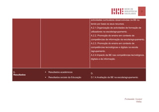 5


                                                  actividades curriculares desenvolvidas na BE ou
                                                  tendo por base os seus recursos.
                                                  A.2.1.Organização de actividades de formação de
                                                  utilizadores na escola/agrupamento.
                                                  A.2.2. Promoção do ensino em contexto de
                                                  competências de informação da escola/agrupamento.
                                                  A.2.3. Promoção do ensino em contexto de
                                                  competências tecnológicas e digitais na escola
                                                  /agrupamento.
                                                  A.2.4.Impacto da BE nas competências tecnológicos,
                                                  digitais e de informação.




6.              Resultados académicos
                                                  D.
Resultados
                Resultados sociais da Educação   D.1.4.Avaliação da BE na escola/agrupamento.




                                                                                     Formanda: Leonor
                                                                                                Otília
 