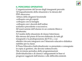 IL PERCORSO OPERATIVO
L’organizzazione del lavoro degli insegnanti prevede:
1)l’inquadramento della situazione e la stesura del
PDF attraverso:
-lettura della diagnosi funzionale
-colloquio con gli esperti
-colloquio con la famiglia
-colloquio con i docenti dell’ordine
scolastico precedente o successivo;
2)l’osservazione dell’alunno in un contesto libero e
strutturato;
3) l’analisi della situazione di classe/interclasse;
4)la stesura del piano di lavoro elaborato da tutti gli
insegnanti e la predisposizione del P.E.I., i cui
obiettivi devono integrarsi con l’itinerario educativo didattico
stabilito per la classe.
Il Piano Educativo Individualizzato va presentato e consegnato
in copia ai genitori, che devono sottoscriverlo.
5)la revisione periodica delle programmazioni
(individualizzata e di classe) e adeguamenti in base ai
progressi raggiunti dall'alunno e alle difficoltà esistenti.
 