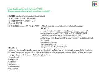 III PARTE
•vengono riportate le regole operative per l’Istituto scolastico e per la partecipazione della famiglia.
•si precisano alcuni aspetti della concreta azione inclusiva assegnata alle scuole ed ai loro operatori,
con opportune sottolineature dedicate agli aspetti:
•Organizzativi
•Progettuali
•Didattici
•Valutativi
•Professionali
•Relazionali
- responsabilità degli Enti locali
Linee Guida del M.I.U.R. Prot. n°4274/09
(Integrazione scolastica degli alunni con disabilità)
I PARTE (contiene la situazione normativa)
1.1 Art. 3 ed Art. 34 Costituzione
1.2 Legge 118/71 e Legge 517/77
1.3 Legge 104/92
1.4 DPR 24 febbraio 1994 (G.U. n°79/94 - Atto di indirizzo … per alunni portatori di handicap)
II PARTE
•vengono sottolineati il ruolo e la regia interistituzionale
assegnato ai singoli UFFICI SCOLASTICI REGIONALI
• viene sottolineata la fondamentale importanza
dell’efficace coordinamento tra i diversi interventi istituzionali
necessari:
- sistema scolastico
- sistema sanitario
 