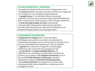 LA SCELTA DIDATTICO - EDUCATIVA
I presupposti indispensabili per favorire l’integrazione sono:
–la conoscenza della situazione specifica dell’alunno, le tappe del
suo sviluppo e le sue modalità di apprendimento
– il gruppo classe, il cui articolato tessuto relazionale
costituisce il terreno per la normale maturazione dell’affettività,
della comunicazione, della relazione, dello sviluppo intellettivo.
–il team docente/consiglio di classe, interamente
corresponsabile della gestione della persona disabile e
orientato nella strutturazione delle attività didattiche sia ai
bisogni del singolo alunno sia del gruppo classe.
L’INSEGNANTE DI SOSTEGNO
l’insegnante di sostegno inteso come specialista
dell’integrazione, egli deve assumere concretamente la
contitolarità del gruppo classe e attivarsi per la creazione di un
percorso individualizzato specifico per l’alunno disabile.
– i genitori che, attraverso il rapporto scuola-famiglia,
collaborano alla costruzione di un progetto di vita.
– gli specialisti e le equipe multidisciplinari, che
collaborano con i docenti per l’analisi della situazione di
partenza, per la lettura della Diagnosi Funzionale e per la
stesura del Profilo Dinamico Funzionale, entrambi
attualmente sostituite dal Profilo di Funzionamento.
– gli assistenti educativi che supportano l’alunno nello
svolgimento delle attività didattiche e collaborano con il
Consiglio di Classe.
 