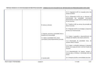 PRÁTICAS E MODELOS DA AUTO-AVALIAÇÃO DAS BIBLIOTECAS ESCOLARES - O MODELO DE AUTO-AVALIAÇÃO DA BE: METODOLOGIAS DE OPERACIONALIZAÇÃO (CONCLUSÃO)


                                                                                                               A.1.5. Integração da BE na ocupação plena dos
                                                                                                               tempos escolares

                                                                                                               A.1.6. Colaboração da BE com os docentes na
                                                                                                               concretização das actividades curriculares
                                                                                                               desenvolvidas no espaço da BE ou tendo por base
                                                                                                               os seus recursos.

                                                                                                               B.1. Trabalho da BE ao serviço da promoção da
                                                              B. Leitura e Literacia
                                                                                                               leitura na escola

                                                                                                               B.2. Integração da BE nas estratégias e programas
                                                                                                               de leitura ao nível da escola.

                                                              C. Projectos, parcerias e actividades livres e
                                                              de abertura à comunidade
                                                                                                               C.1.1 Apoio à aquisição e desenvolvimento de
                                                              C.1. Apoio a actividades livres, extra-          métodos de trabalho e de estudo autónomos
                                                              curriculares e de enriquecimento curricular
                                                                                                               C.1.2 Dinamização de actividades livres, de
                                                                                                               carácter lúdico e cultural

                                                                                                               C.1.3. Apoio à utilização autónoma e voluntária
                                                                                                               da BE como espaço de lazer e de livre fruição dos
                                                                                                               recursos.

                                                                                                               C.1.4 Disponibilização de espaços, tempos e
                                                                                                               recursos para a iniciativa e intervenção livre dos
                                                                                                               alunos.

                                                              D. Gestão da BE                                  D.1.3. Resposta da BE às necessidades da escola


Ana Luísa S. Fernandes                                 - sessão 6 -                                                             11/12/09                   5/14
 